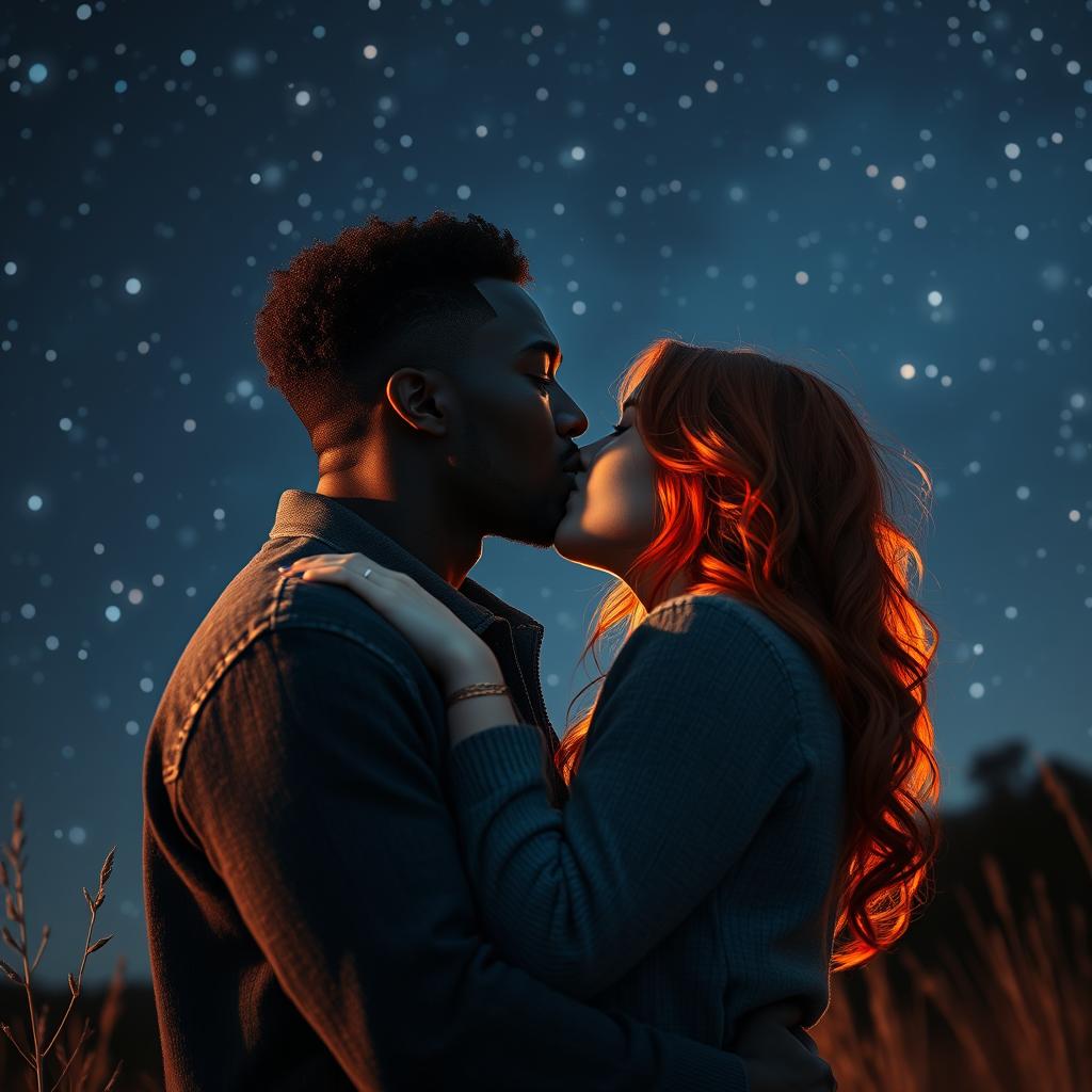 A passionate scene of a strong, young black man kissing a young red-haired woman under a starry night sky