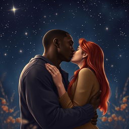 A passionate scene of a strong, young black man kissing a young red-haired woman under a starry night sky