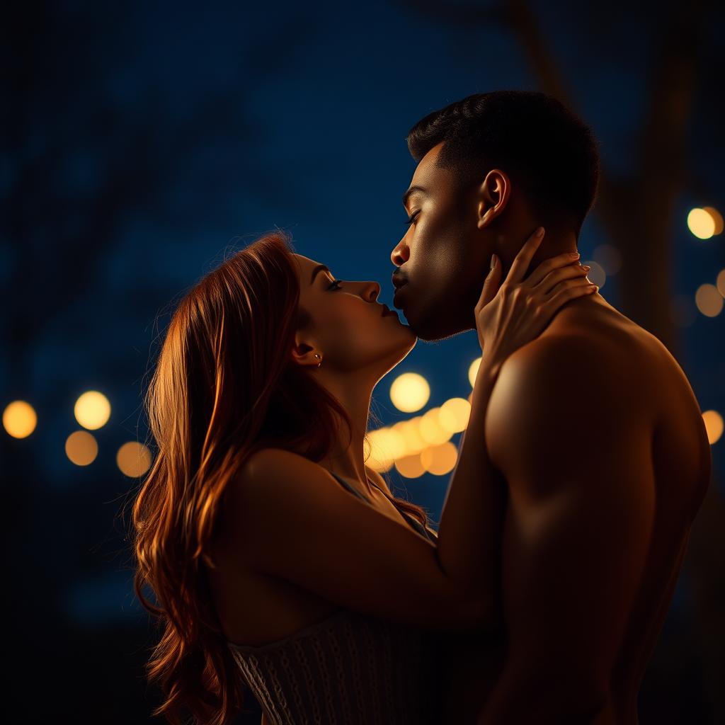 A sensual nighttime scene showing a strong, young black man kissing a young red-haired woman with deep passion