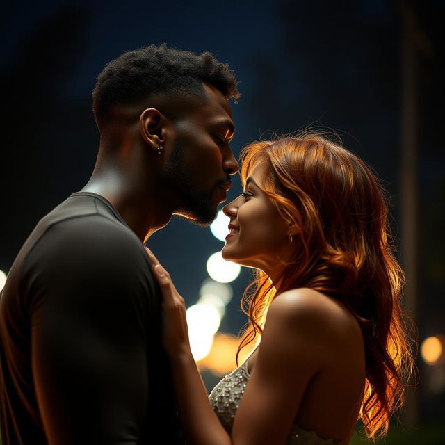 A sensual nighttime scene showing a strong, young black man kissing a young red-haired woman with deep passion