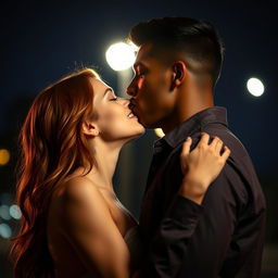 A sensual nighttime scene showing a strong, young black man kissing a young red-haired woman with deep passion