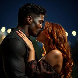 A sensual nighttime scene showing a strong, young black man kissing a young red-haired woman with deep passion