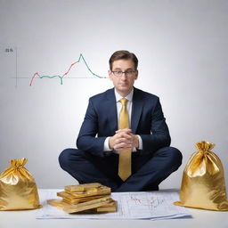 Refine the decision-making scenario by showcasing specific choices in the balance. On the risk side, illustrate volatile stock charts and on the reward side show bags of gold. The figure in the middle is deep in thought.