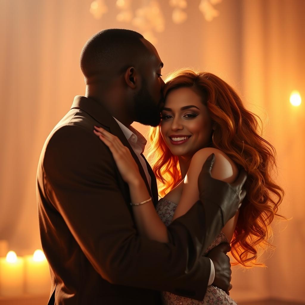 A passionate scene depicting a tall, handsome Black man kissing a young, curvy redhead woman