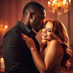 A passionate scene depicting a tall, handsome Black man kissing a young, curvy redhead woman