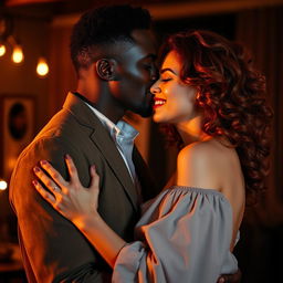 A passionate scene depicting a tall, handsome Black man kissing a young, curvy redhead woman