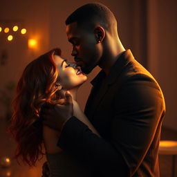 A passionate scene depicting a tall, handsome Black man kissing a young, curvy redhead woman