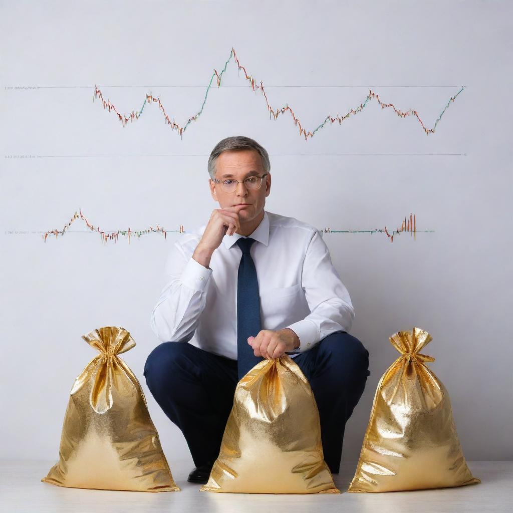 Refine the decision-making scenario by showcasing specific choices in the balance. On the risk side, illustrate volatile stock charts and on the reward side show bags of gold. The figure in the middle is deep in thought.