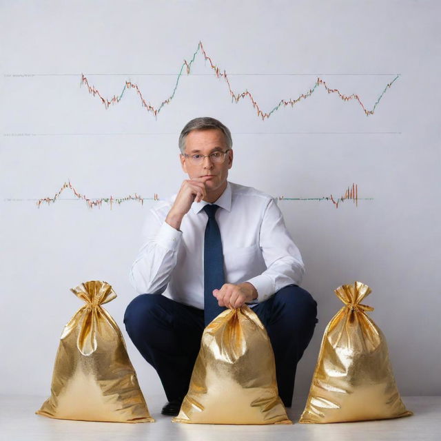 Refine the decision-making scenario by showcasing specific choices in the balance. On the risk side, illustrate volatile stock charts and on the reward side show bags of gold. The figure in the middle is deep in thought.