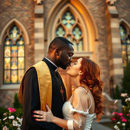 An intimate scene outside a church, featuring a tall, handsome Black man in priest attire kissing a young, curvy redhead woman