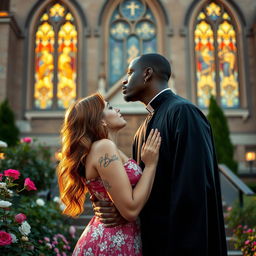 An intimate scene outside a church, featuring a tall, handsome Black man in priest attire kissing a young, curvy redhead woman