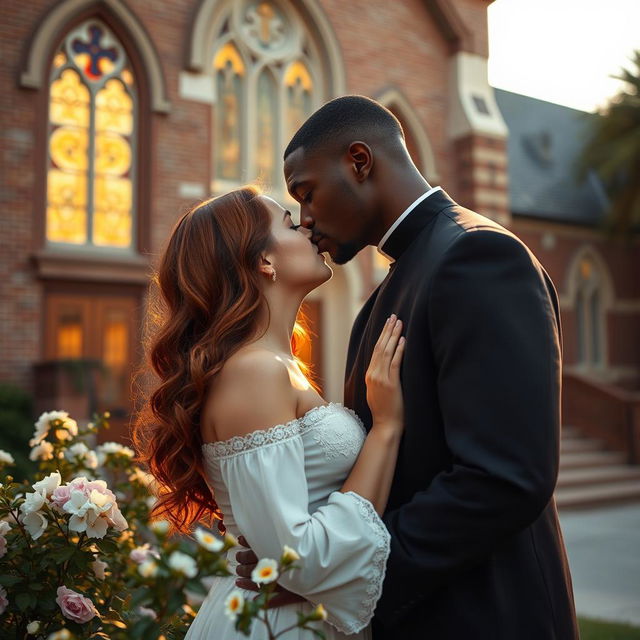 An intimate scene outside a church, featuring a tall, handsome Black man in priest attire kissing a young, curvy redhead woman