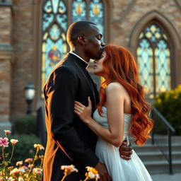 An intimate scene outside a church, featuring a tall, handsome Black man in priest attire kissing a young, curvy redhead woman