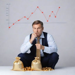 Refine the decision-making scenario by showcasing specific choices in the balance. On the risk side, illustrate volatile stock charts and on the reward side show bags of gold. The figure in the middle is deep in thought.