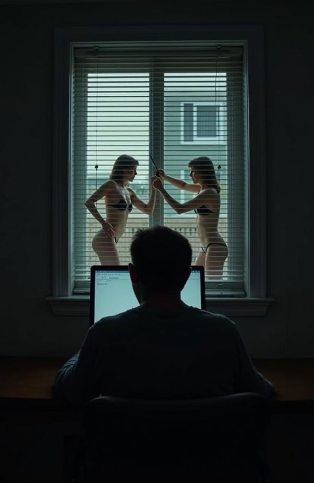 A man in his forties sitting with his back turned in front of a computer in a dark room