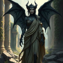 An angelic black dragonborn female character with shimmering dark scales and striking features, dressed in torn and tattered clothing resembling the flowing garments of ancient Greek goddesses