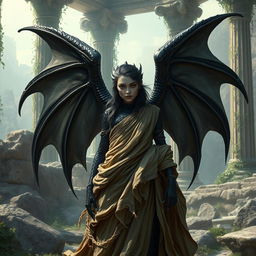 An angelic black dragonborn female character with shimmering dark scales and striking features, dressed in torn and tattered clothing resembling the flowing garments of ancient Greek goddesses