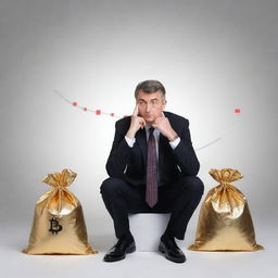 Refine the decision-making scenario by showcasing specific choices in the balance. On the risk side, illustrate volatile stock charts and on the reward side show bags of gold. The figure in the middle is deep in thought.