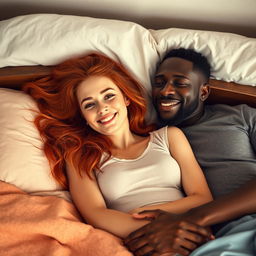 A scene depicting an attractive young red-haired woman lying comfortably on a bed with a charming black man