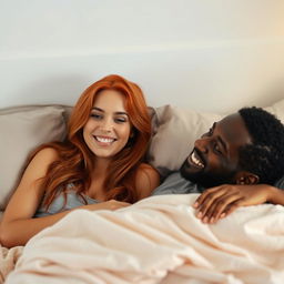 A scene depicting an attractive young red-haired woman lying comfortably on a bed with a charming black man