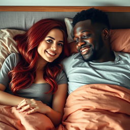 A scene depicting an attractive young red-haired woman lying comfortably on a bed with a charming black man