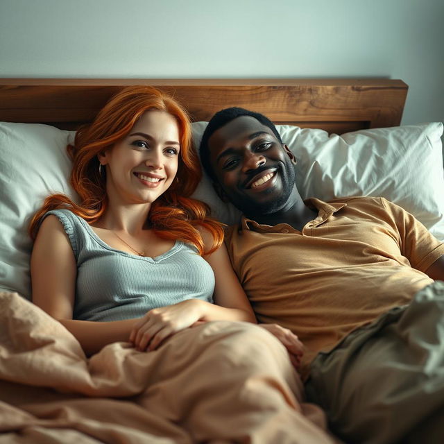 A scene depicting an attractive young red-haired woman lying comfortably on a bed with a charming black man