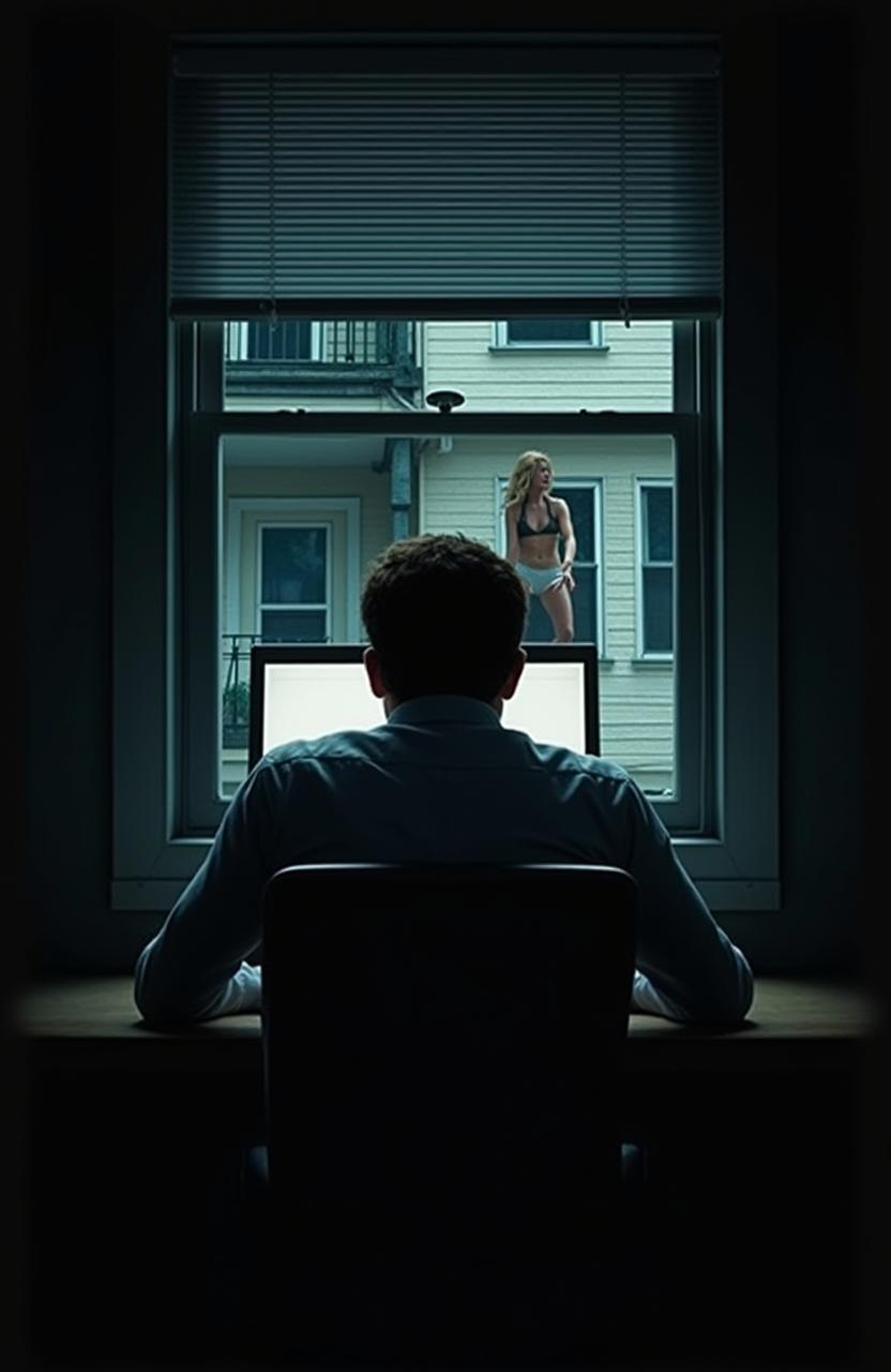 A film poster depicting a man in his forties sitting with his back turned in front of a computer in a dark room