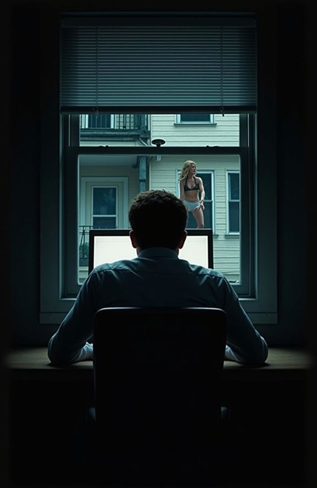 A film poster depicting a man in his forties sitting with his back turned in front of a computer in a dark room