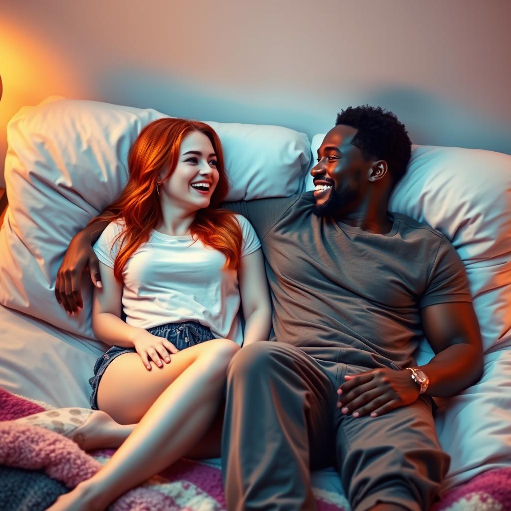 A cozy and inviting scene depicting a young red-haired woman and a charming black man lying together on a comfortable bed