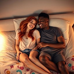 A cozy and inviting scene depicting a young red-haired woman and a charming black man lying together on a comfortable bed