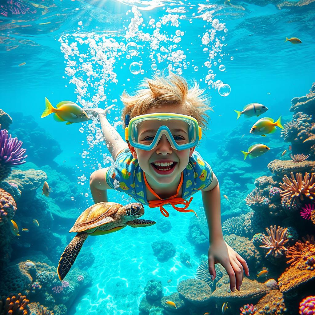 A fantastical scene set in an underwater world featuring a vibrant and colorful sea, filled with coral reefs, exotic fish, and playful sea creatures