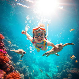 A fantastical scene set in an underwater world featuring a vibrant and colorful sea, filled with coral reefs, exotic fish, and playful sea creatures