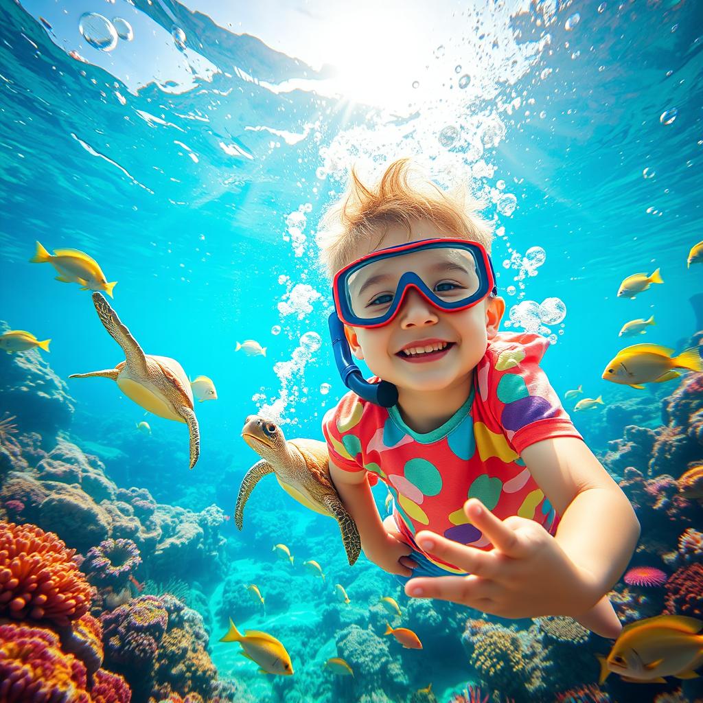 A fantastical scene set in an underwater world featuring a vibrant and colorful sea, filled with coral reefs, exotic fish, and playful sea creatures