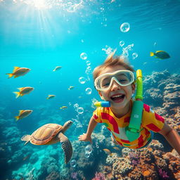 A fantastical scene set in an underwater world featuring a vibrant and colorful sea, filled with coral reefs, exotic fish, and playful sea creatures