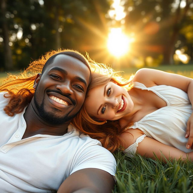 A strong, young black man lying down with a young red-haired woman beside him