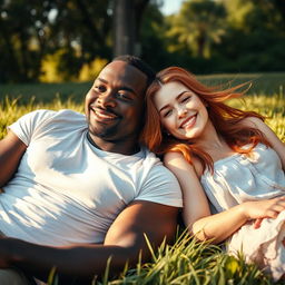 A strong, young black man lying down with a young red-haired woman beside him