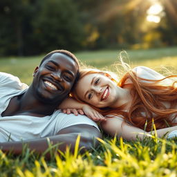 A strong, young black man lying down with a young red-haired woman beside him