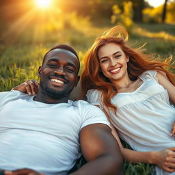 A strong, young black man lying down with a young red-haired woman beside him