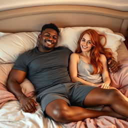 A young, strong black man lying on a bed with a young red-haired woman beside him