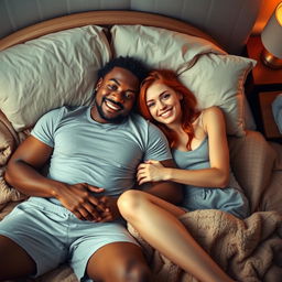 A young, strong black man lying on a bed with a young red-haired woman beside him