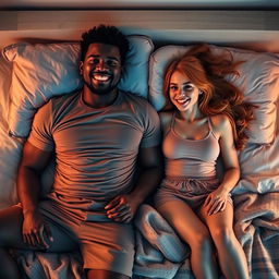 A young, strong black man lying on a bed with a young red-haired woman beside him