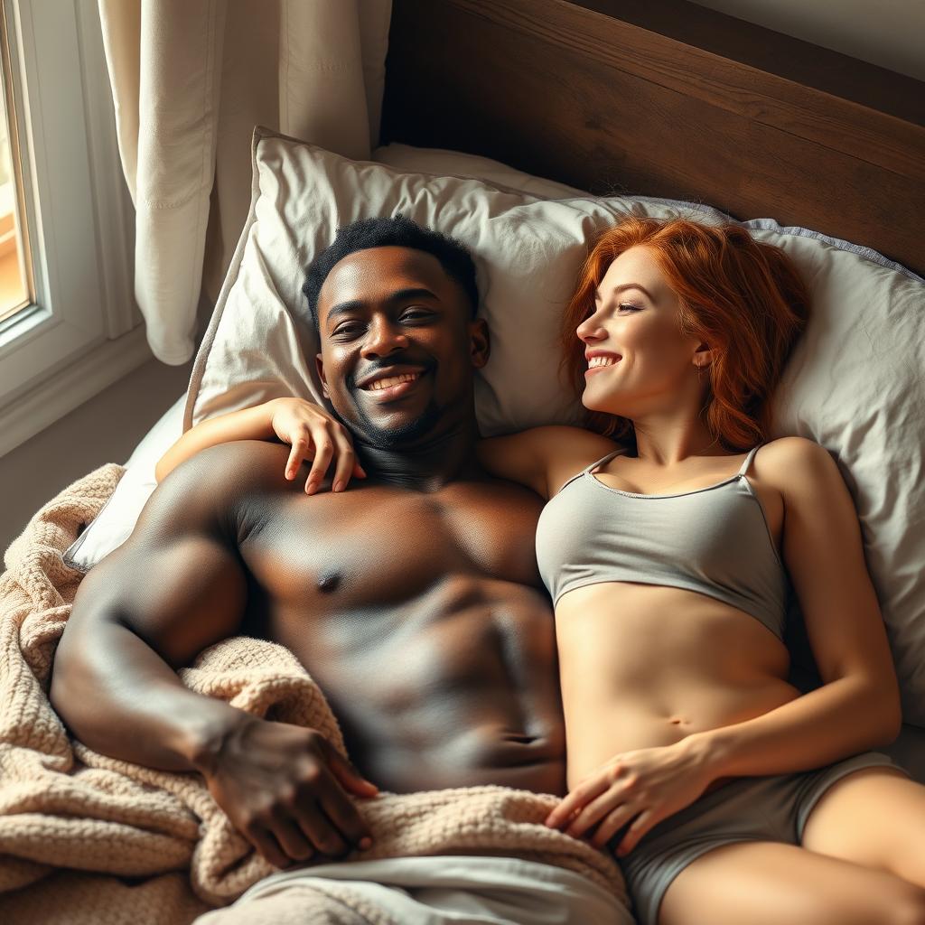 A strong, young black man lying on a bed without a shirt, showcasing his athletic physique, alongside a young red-haired woman