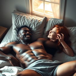 A strong, young black man lying on a bed without a shirt, showcasing his athletic physique, alongside a young red-haired woman