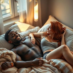 A strong, young black man lying on a bed without a shirt, showcasing his athletic physique, alongside a young red-haired woman