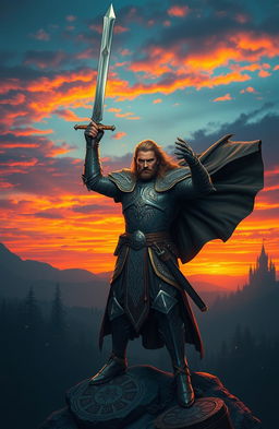 A heroic fantasy swordsman, wearing intricate armor adorned with mystical runes, standing on a rocky cliff at sunset