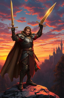 A heroic fantasy swordsman, wearing intricate armor adorned with mystical runes, standing on a rocky cliff at sunset