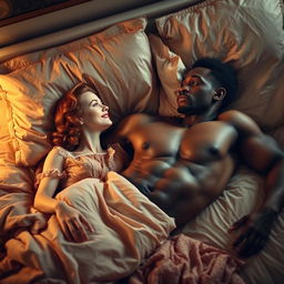 A strong, young black man lying on a bed without a shirt, showcasing his athletic build, alongside a young red-haired woman dressed in a vintage 1940s nightgown