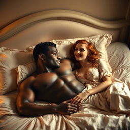 A strong, young black man lying on a bed without a shirt, showcasing his athletic build, alongside a young red-haired woman dressed in a vintage 1940s nightgown