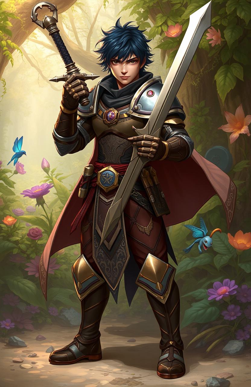 A fantasy hero sword fighter with dark short hair and olive skin, standing confidently in a dynamic pose