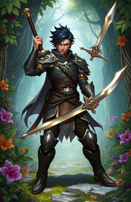 A fantasy hero sword fighter with dark short hair and olive skin, standing confidently in a dynamic pose